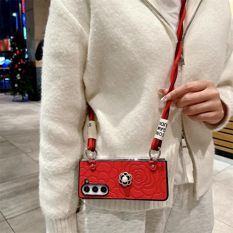 Crossbody kožené kvetinové puzdro na telefón pre Samsung Galaxy Z Fold 6 5 4 3 Fold6 Fold5 Fold4 Fold3 5G Hard Shell Shockproof Cover