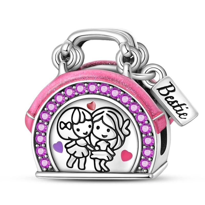 Sweet Pink Girl Modern & Cute Pet Cat & Glass Slipper Dangle Charm Fits Brand Bracelet Copper Jewelry Accessories