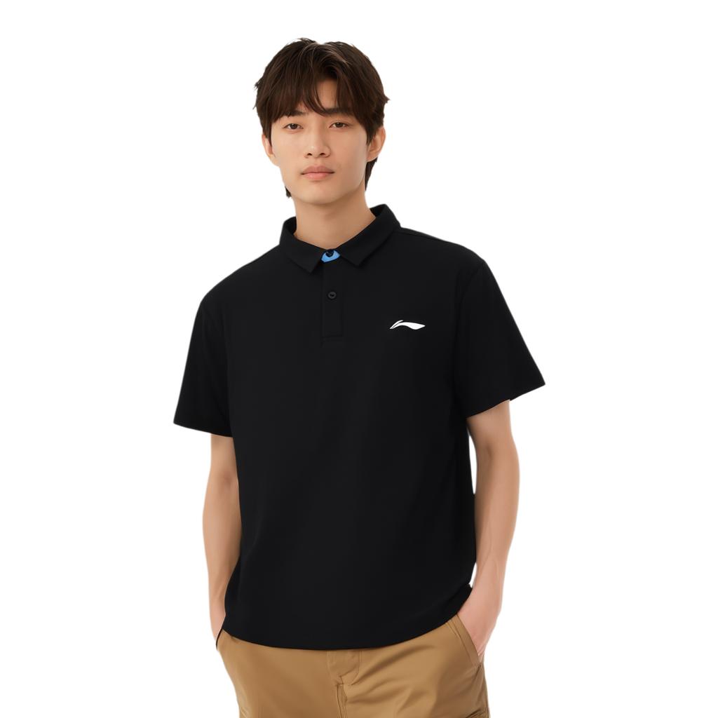 Li-Ning Fashionable Simple Versatile Solid Color Letter Logo Casual Breathable Comfortable Sports Polo Shirt Unisex Tops Black APLU801-1