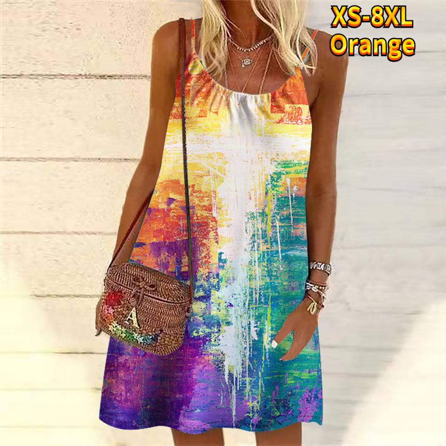 

Женское мини-платье с цветочным принтом и чернилами, вечернее платье без рукавов, летнее пляжное платье, сарафан 5XL оранжевый
