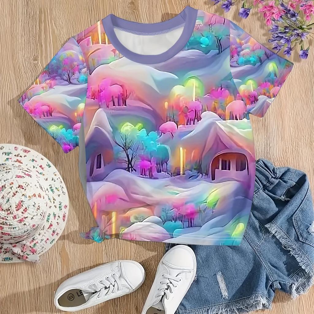 Children's Clothing Girl T-Shirt 3D Candy Color Print T-Shirt O-Neck Short Sleeve Tops Kids Summer Outdoor Casual Girl Clothes
