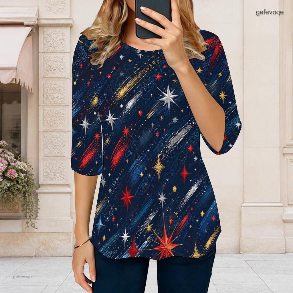 Damski T-shirt w dużym rozmiarze, z okrągłym dekoltem, rękawem 3/4, nadrukiem gwieździstego nieba, w kolorze granatowym, z zaokrąglonym dołem