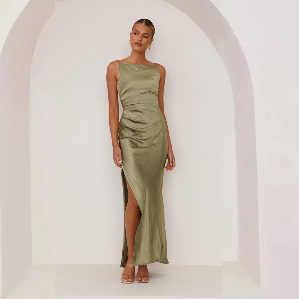 2025 Spring/Summer Women's Backless Slit Midi Dress with Spaghetti Straps