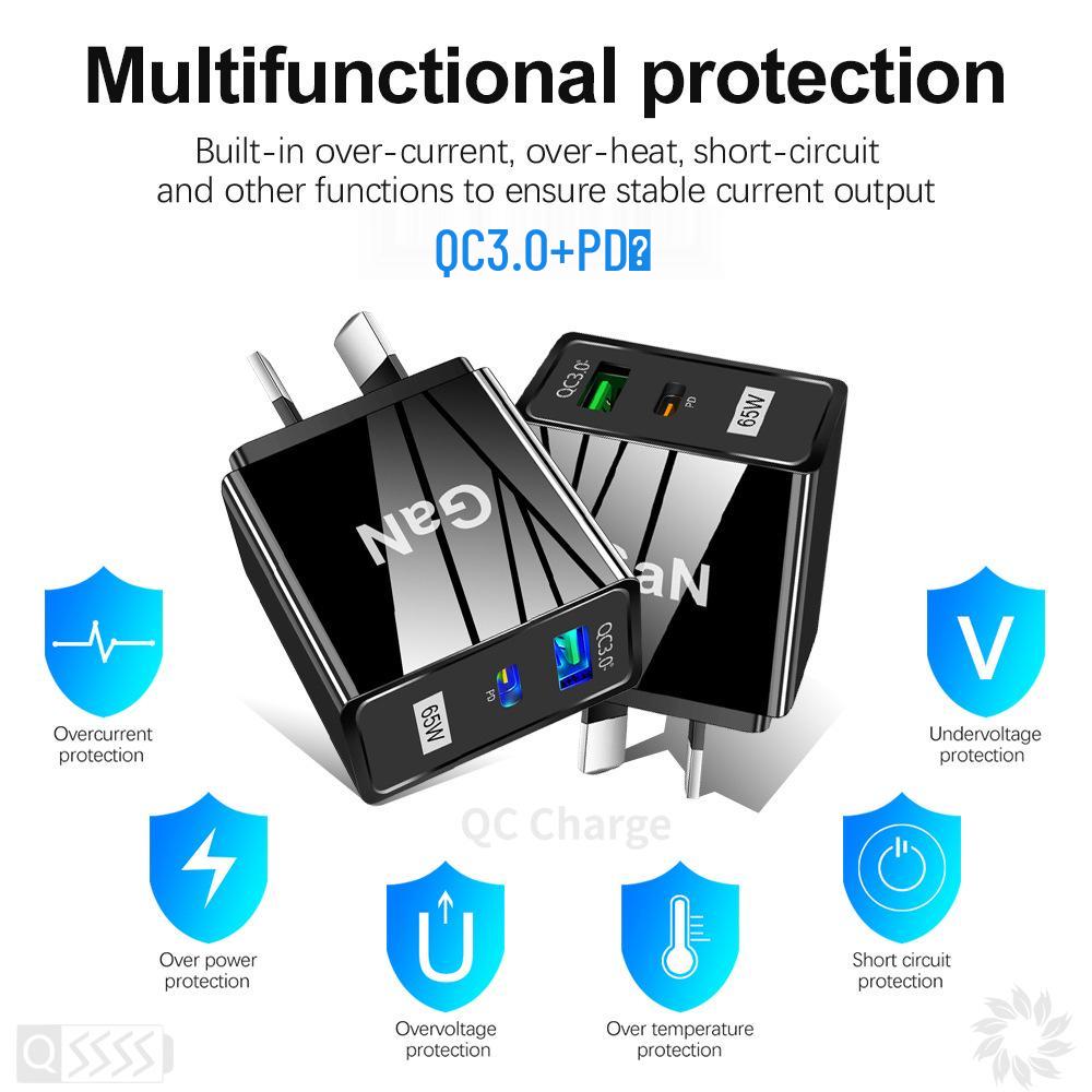 GaN 33W USB Fast Charger: QC 3.0 & PD, US/EU/UK Plug, Ideal for Mobile Phones
