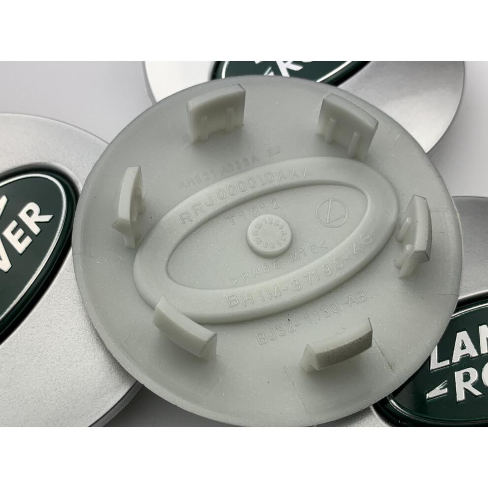 (Matt Silver and Green Land Rover Caps) Sets of 4 Land Rover Alloy Wheel Caps 63mm S
