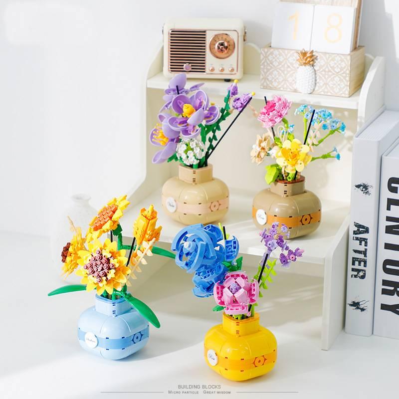 Mini Sunflower Rose Block Flower Bouquet In Vase Puzzle Toy Birthday Gift For Girls