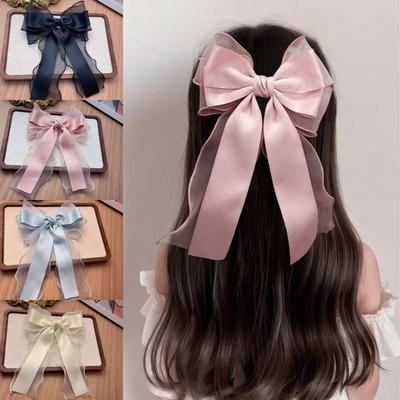 Pince à Cheveux Maillée Douce avec Nœud Longues Barrette à Cheveux en Ruban Nouvelle Pince à Cheveux en Ruban Mode Femme