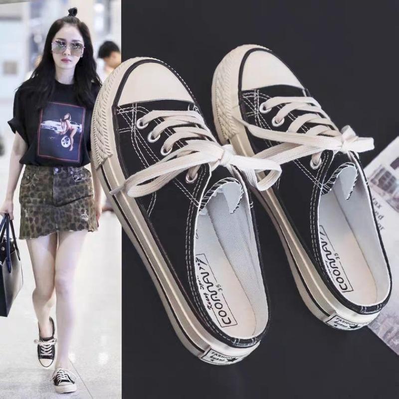 Half-drag Canvas Shoes Women Without Heels and One Pedal Summer Lazy Shoes Summer New Student Versatile Board Shoes