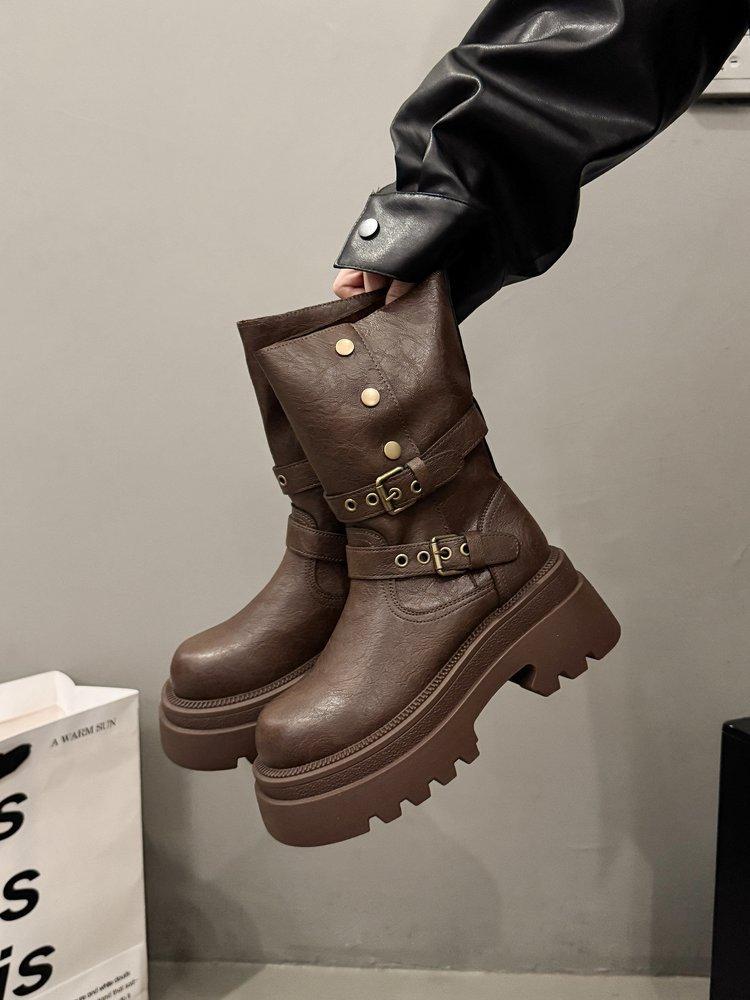 

Inner height increase 6cm Martin boots women s muffin thick-soled brown retro Maillard short boots winter mid-tube knight boots 39 коричневый