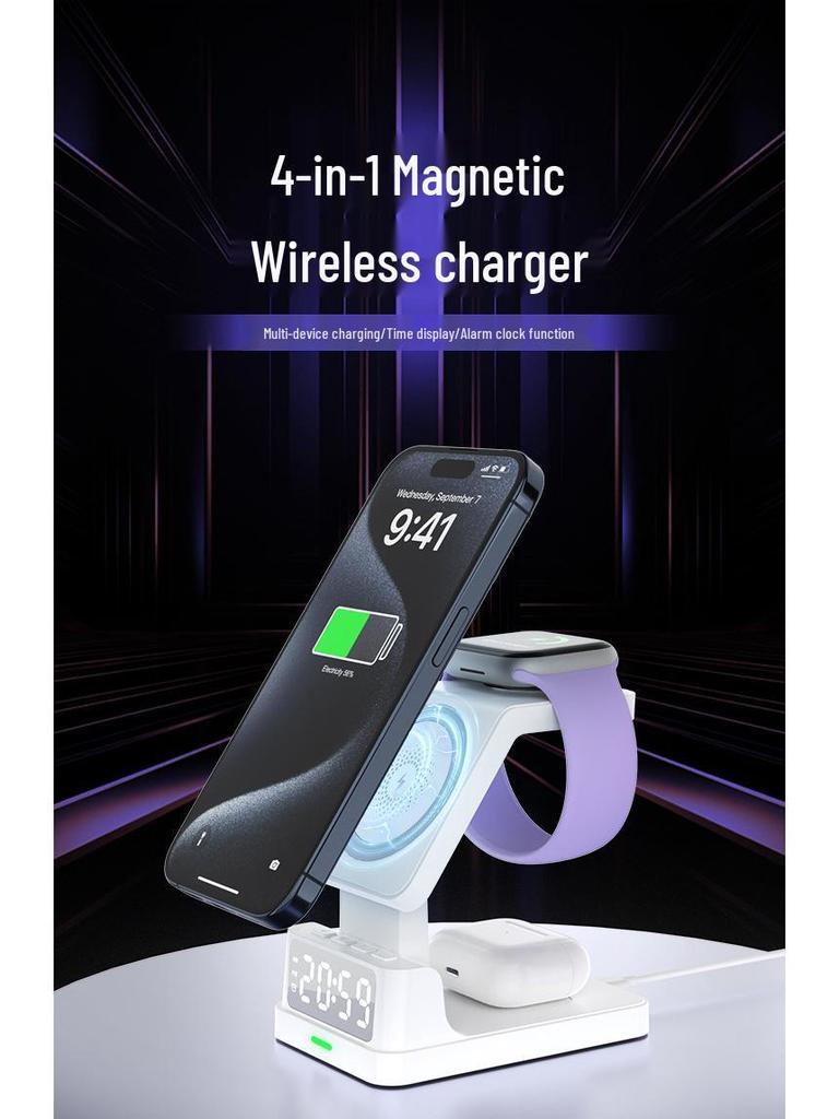 3-in-1 Wireless Charger: Alarm Clock, Magnetic Phone Stand, Fast Charging for Apple Watch & Earphones