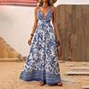 Western Style Summer New Sexy Deep V-neck Sexy Print Waist Hugging Backless Sling Dress Beach Long dress Women