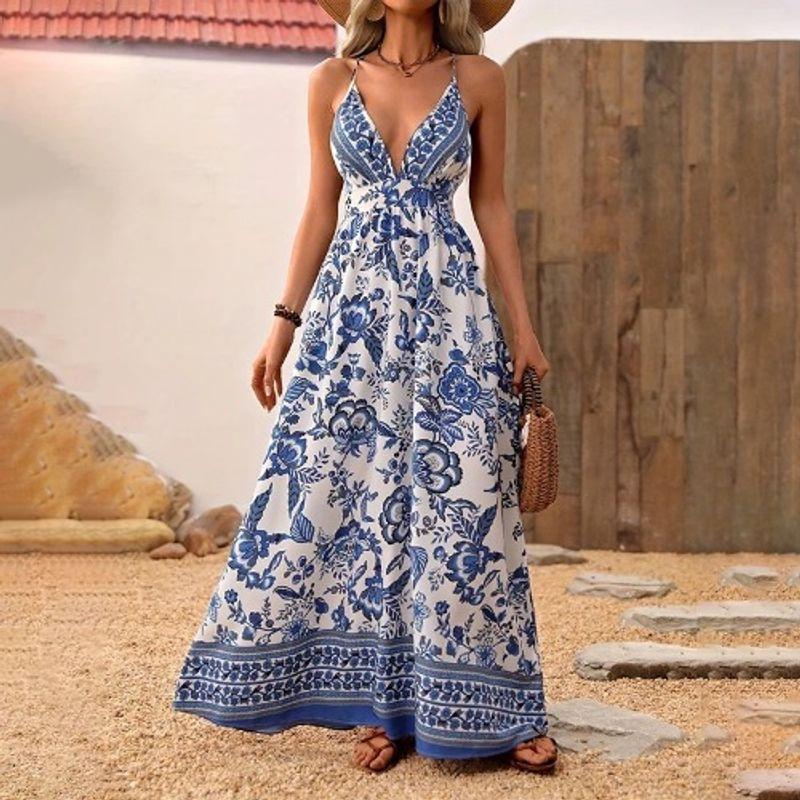 Western Style Summer New Sexy Deep V-neck Sexy Print Waist Hugging Backless Sling Dress Beach Long dress Women
