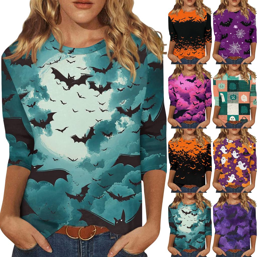 Women's Fashion Casual Three-quarter Sleeve Halloween Printed Round Neck Top