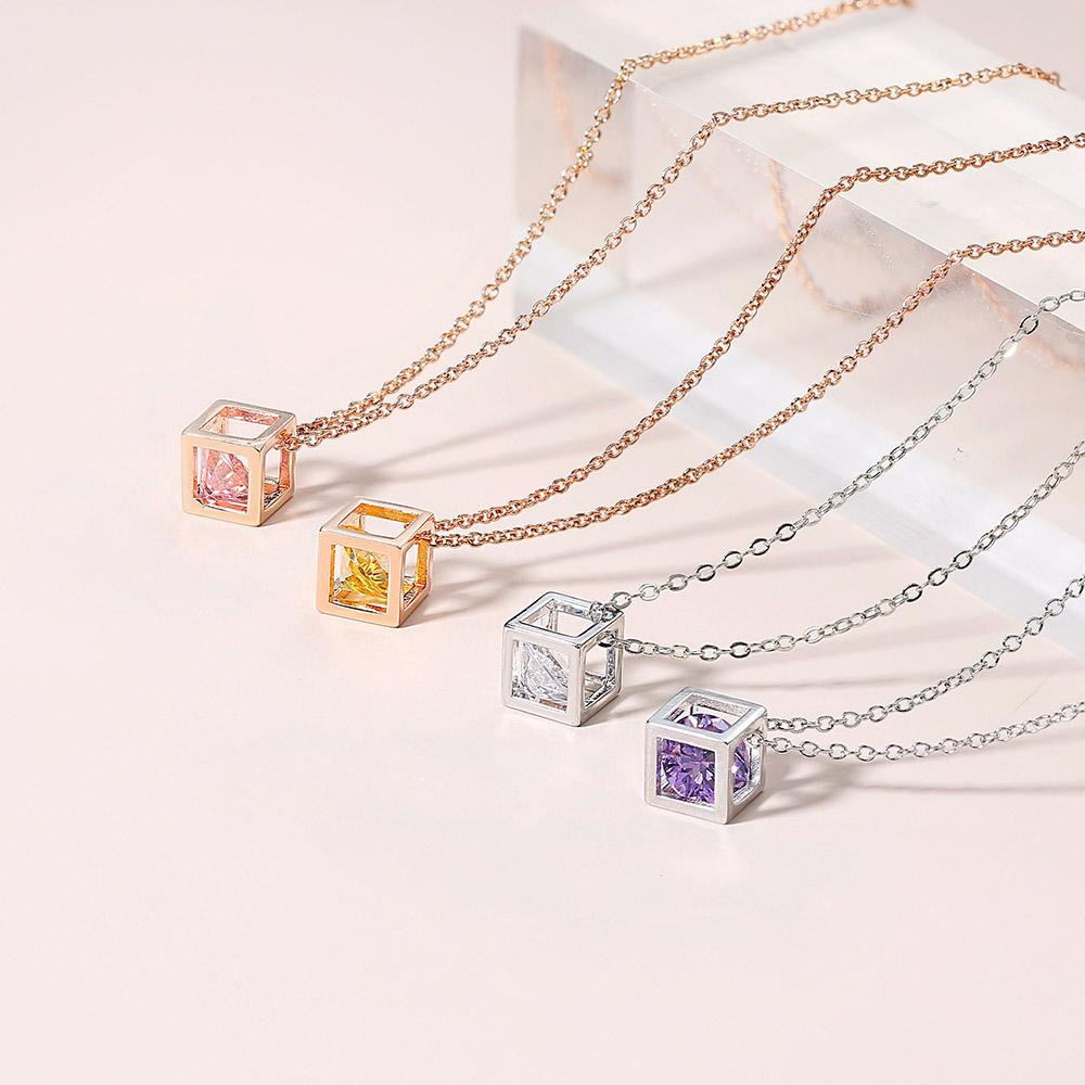 Hollow Out Cube Crystal Pendant Necklace For Women Kpop Colorful Zirconia Rose Gold Choker Chain On The Neck Jewelry N425