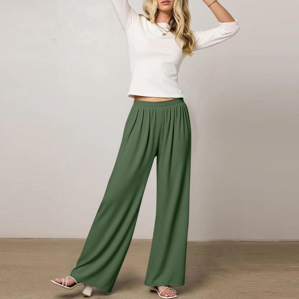 Women's Elastic Waist Wide Leg Pants Baggy Casual Stretch Palazzo Pants With Pockets