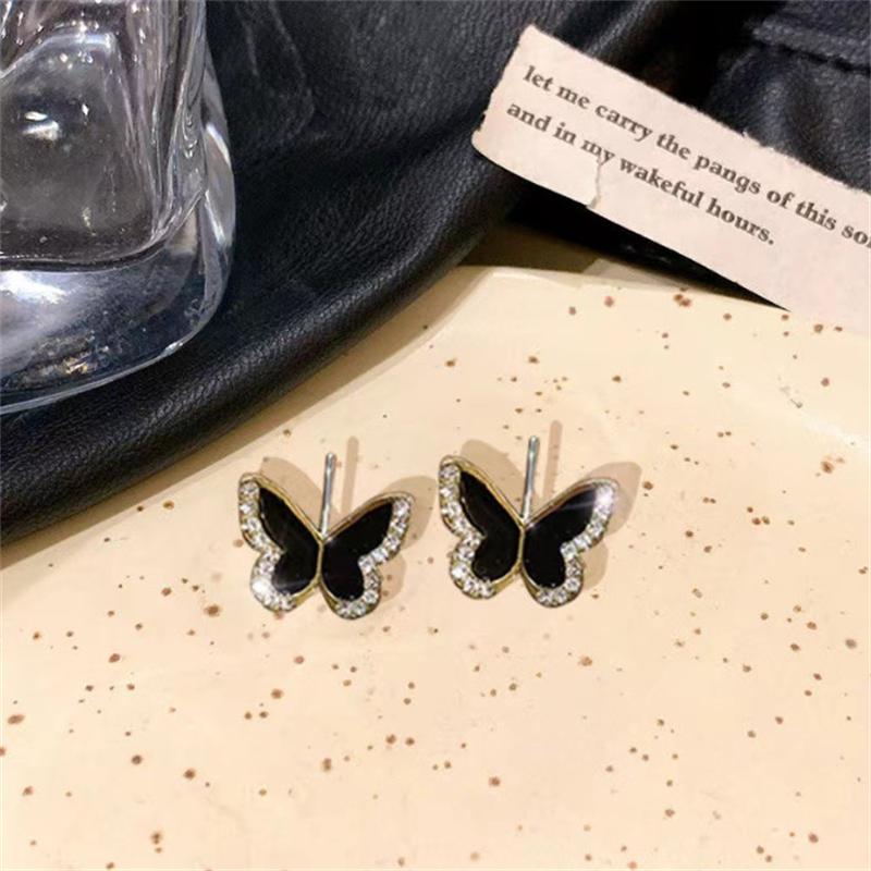 Black Enamel Women's Small Earrings Crystal Side Mini Butterfly Lovely Animal Shape Tiny Stud Earrings for Girls Boucle D'oreill
