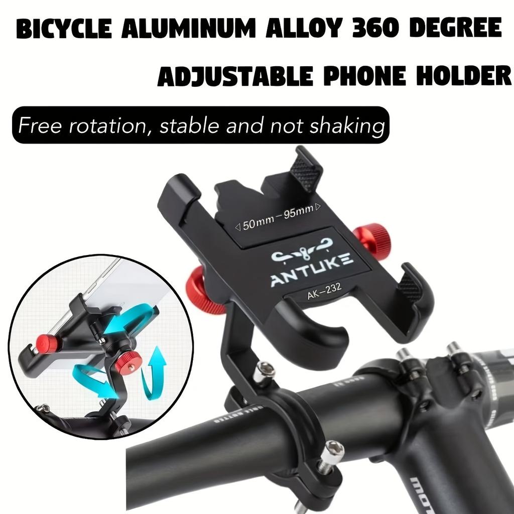 1pc Antuke 360° Rotatable Aluminum Alloy Bike Phone Holder, Adjustable Anti-Slip Cycling Mount, Uncharged, Black, Phone Holder for Bike