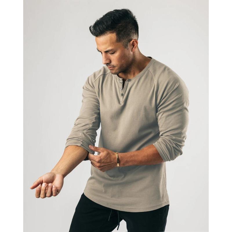 Spring and Summer Men's Long Sleeve Henley Sports Casual Cotton Stretch V-Neck Button Thin T-Shirt