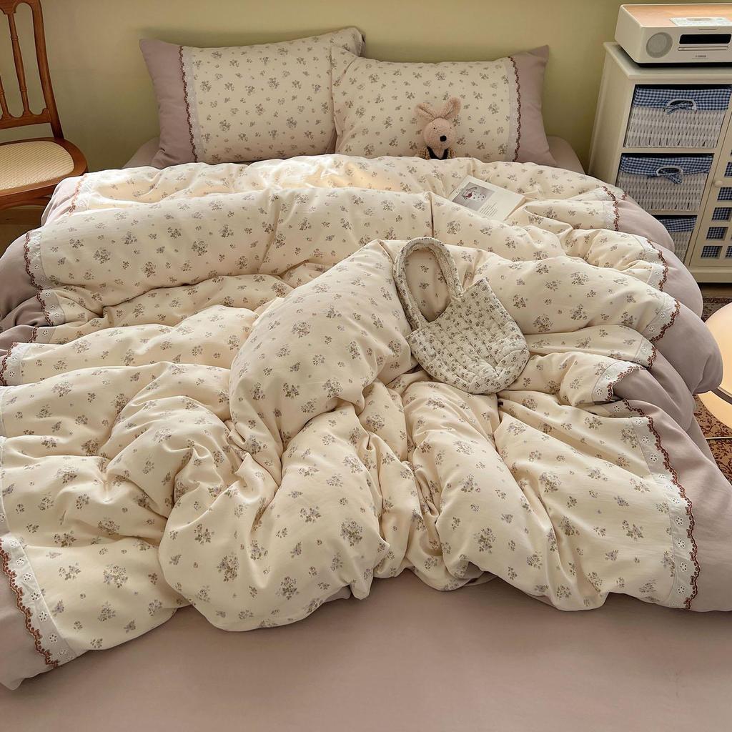 Korean Fresh Four-Piece Set: Cotton Lace Trim, Double Layer Gauze, Aerobic Jacquard Herringbone, Thickened.