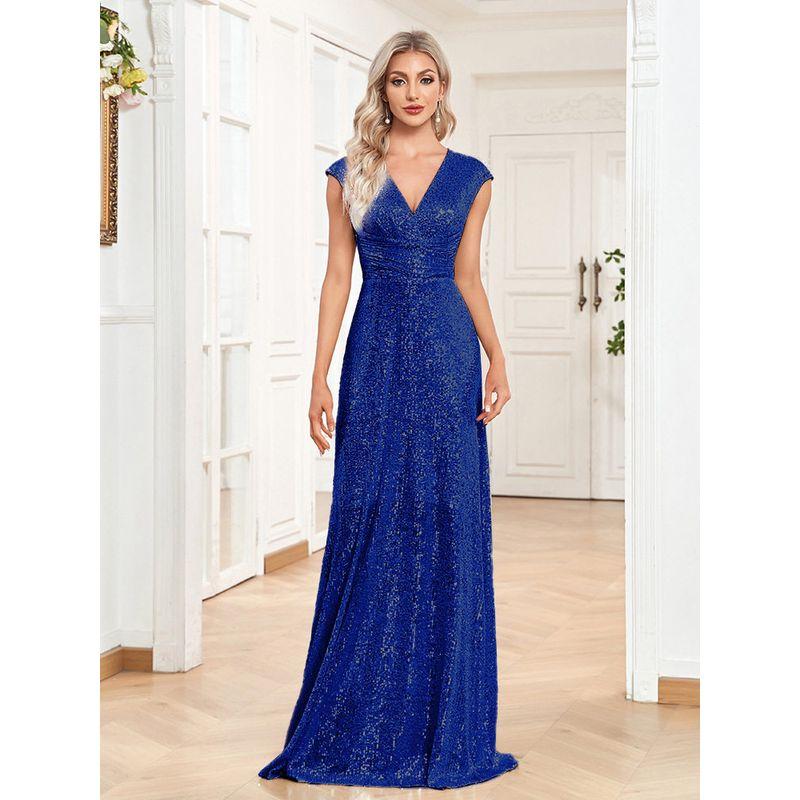

European and American Sexy V-Neck Sequined High-End Quality Evening Dress Elegant Banquet Party Dress Plus Size Long Dress Royal Blue XL