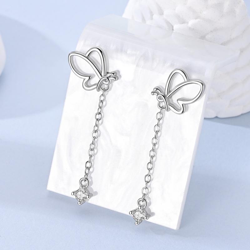 Original 925 Sterling Silver Hollow-out Butterfly Tassel Stud Earrings For Women Wedding Party Jewelry Gift