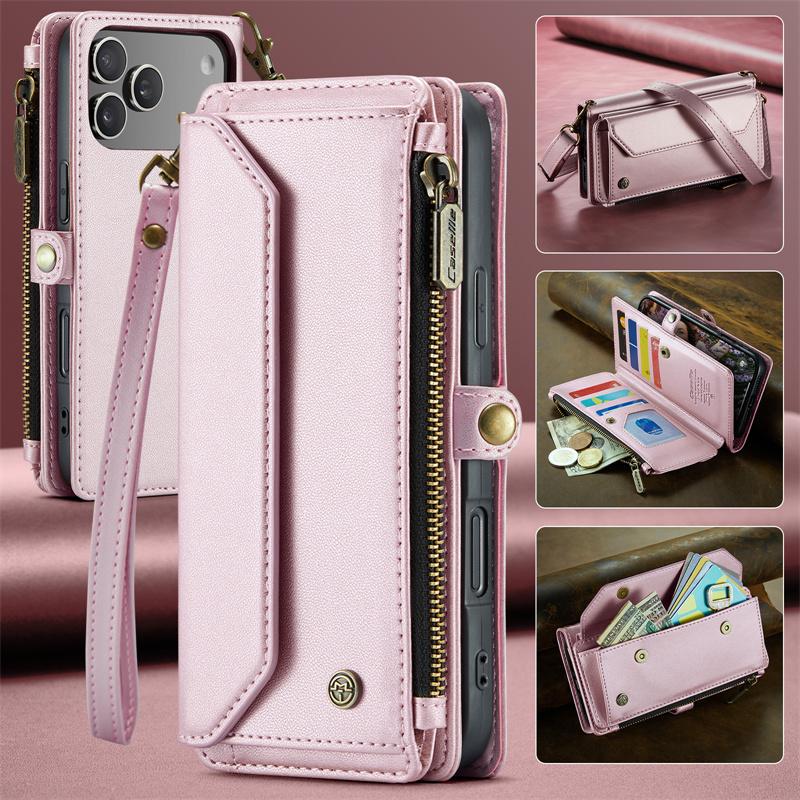 Capa de Celular de Couro Flip com Cordão Longo para iPhone 17 Pro Max Air 16E 16 Plus 15 14 13 12 11 X XS XR SE 2022 8 Carteira com Zíper Porta Multi Cartões Capa