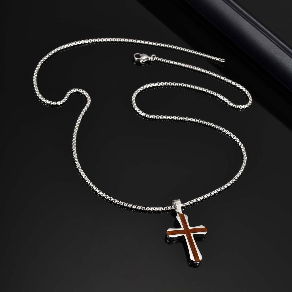 Vnox Red Wood Faith Cross Pendant Neckalce for Men, Silver Color Stainless Steel Box Chain Necklaces, Religious Jewelry Gifts
