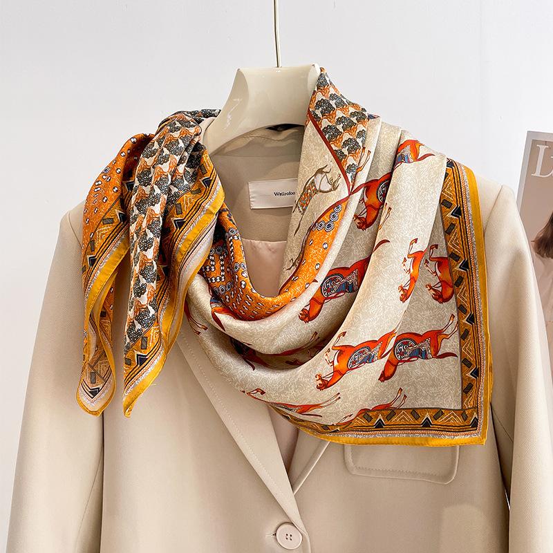 French retro horse silk square scarf women s 90 mulberry silk scarf versatile yellow gentle silk scarf shawl no specifications