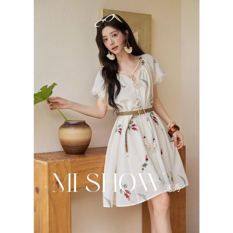Women s French Style Embroidered Floral Linen Maxi Dress M