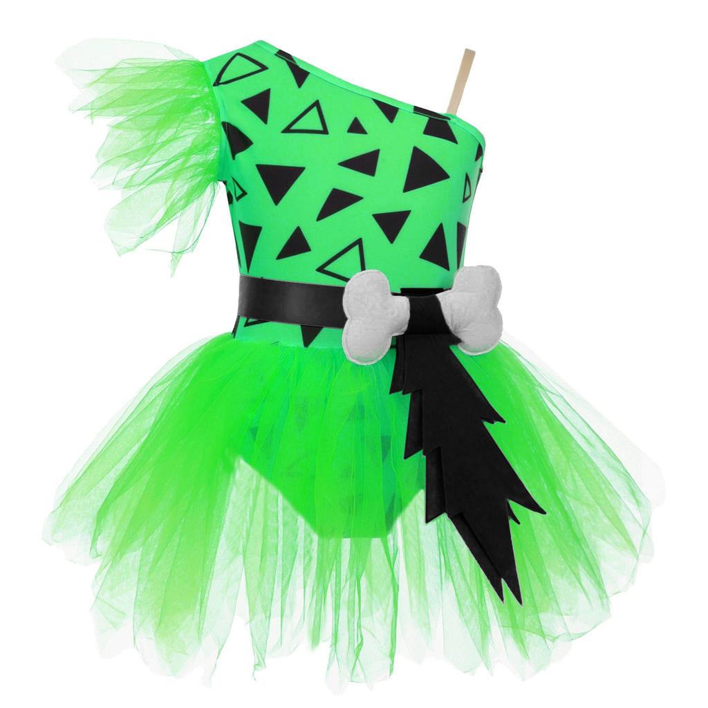 Dívčí kostým jeskynní ženy Patchworkové tutu šaty Nastavitelný popruh Síťované krátké rukávy Všité kalhotky 3D kostěný pásek Prehistorický kostým