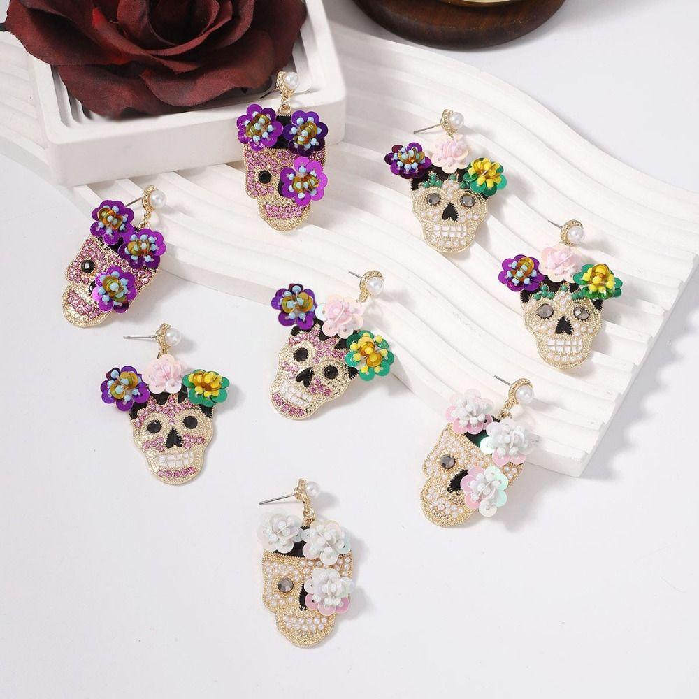 Personality Vintage Earring Rhinestone Glitter Skeleton Stud Earrings  Women