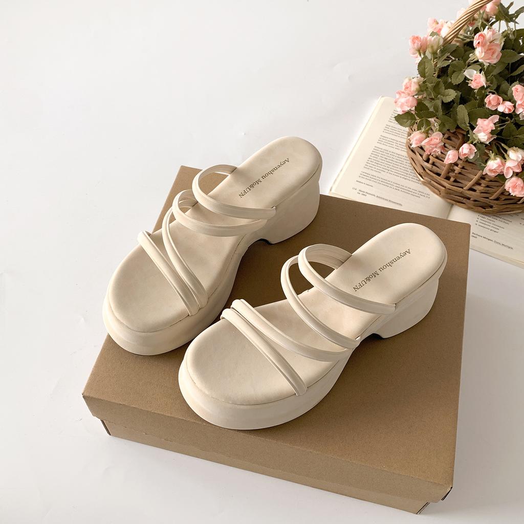 Pink Retro Slope Heel Thick Bottom Heightened One-word Slippers for Women's Summer Wear 2025 New Models with Skirts French Cool Slippers