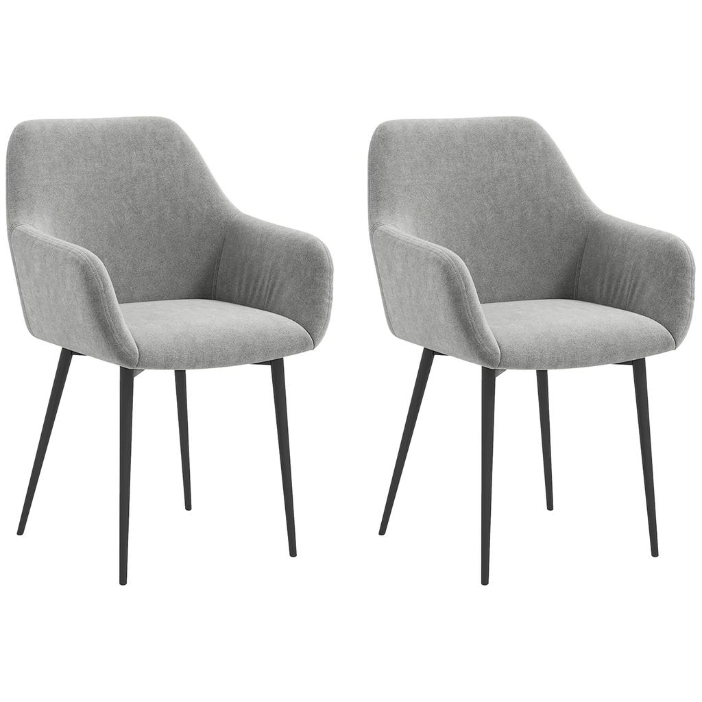 Set of 2 Nordic Dining Chairs Padded with Curved Armrests In Velvet-Effect Fabric, 54x57x80 Cm, Dark Grey