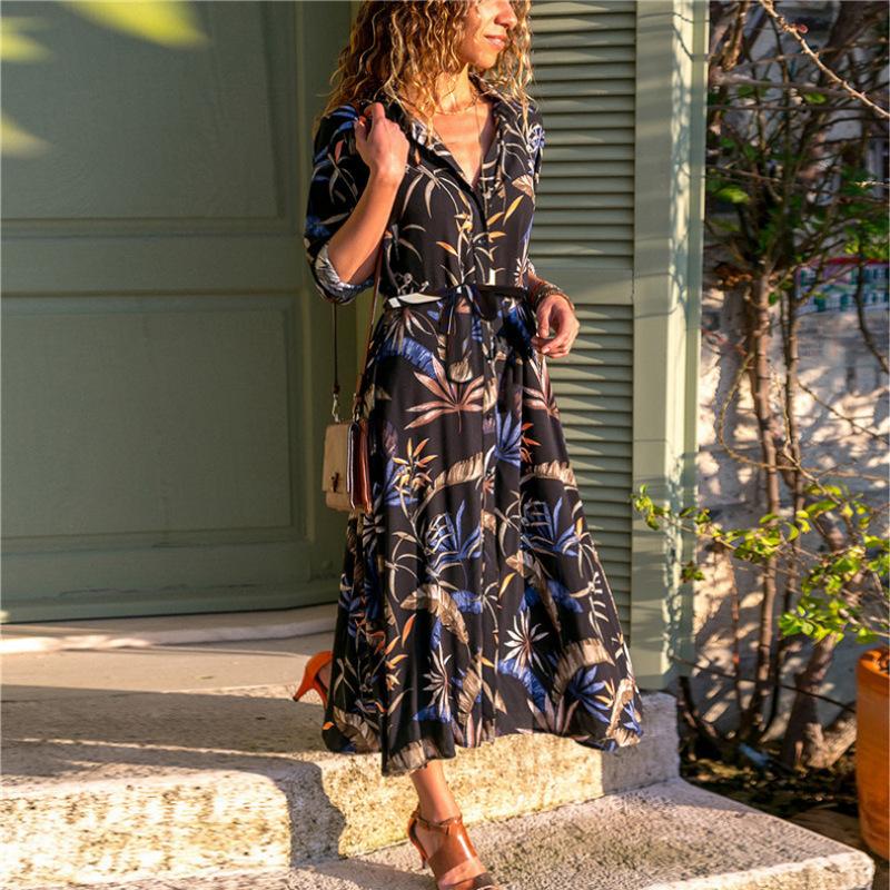 Women's Long-sleeved Printed Single-breasted Dress with Slimming Temperament