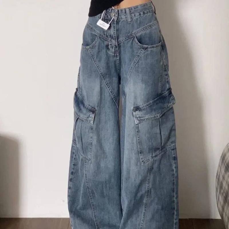 Neue Amerikanische Retro Weitbeinjeans Hohe Taille Schlankmachend Mehrfach-Taschen-Design Locker Vielseitig Arbeitshose