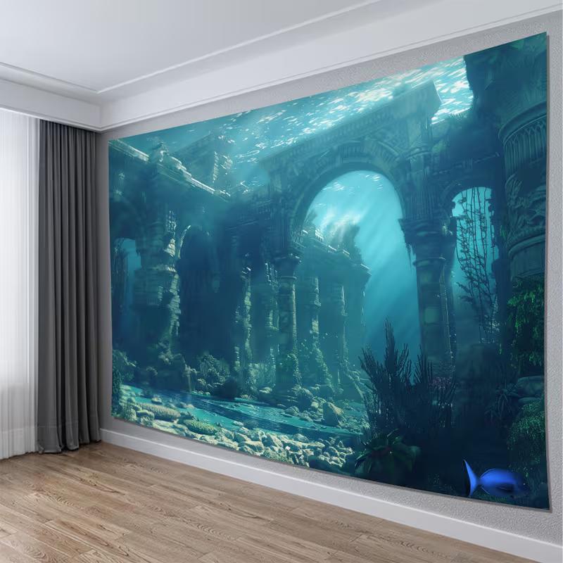 2D Ocean Sunken Temple Wall Hanging, Underwater Ancient City Tapestry for Dorm