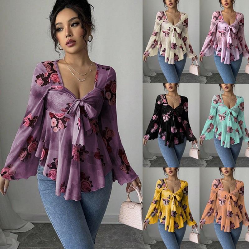 Women's Floral Print Bell Sleeve Peplum Top V Neck Tie Front Blouse