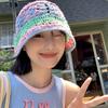 Japanese-style knitted hollow floral bucket hat for women, sweet and versatile for spring and summer, handmade large head circumference fisherman hat