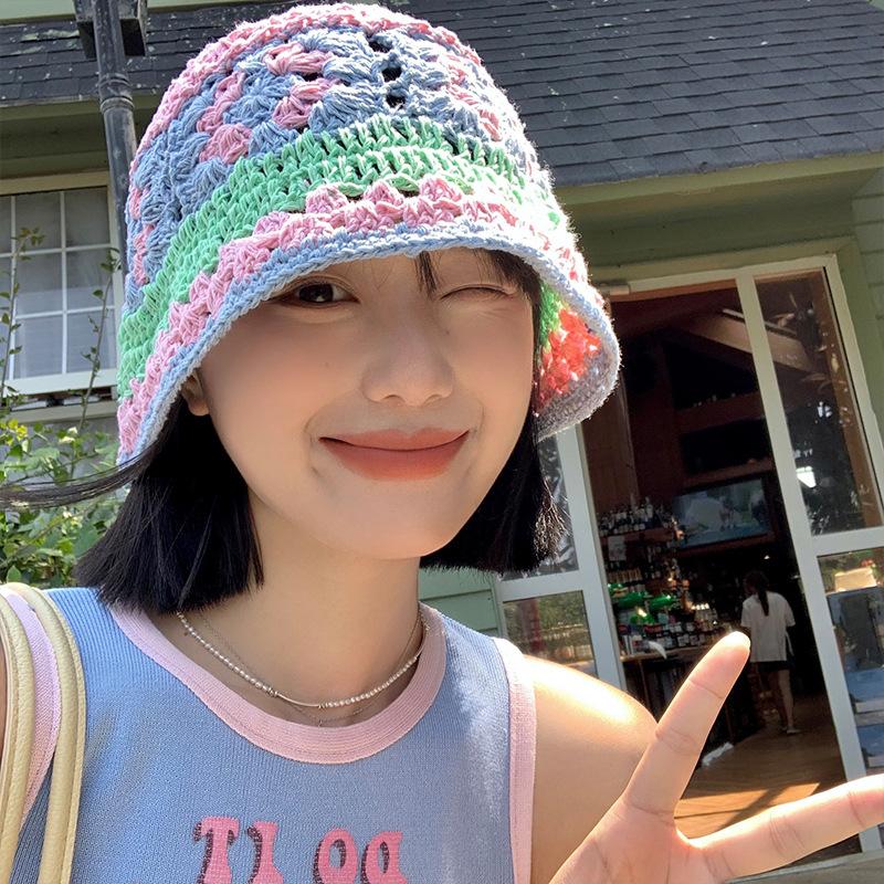 Japanese-style knitted hollow floral bucket hat for women, sweet and versatile for spring and summer, handmade large head circumference fisherman hat