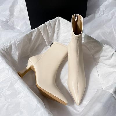 Beige Short Boots Women's High Heels 2025 Autumn and Winter New French Thin Heel Rear Zipper Bare Boots Pointed Elastic Thin Boots