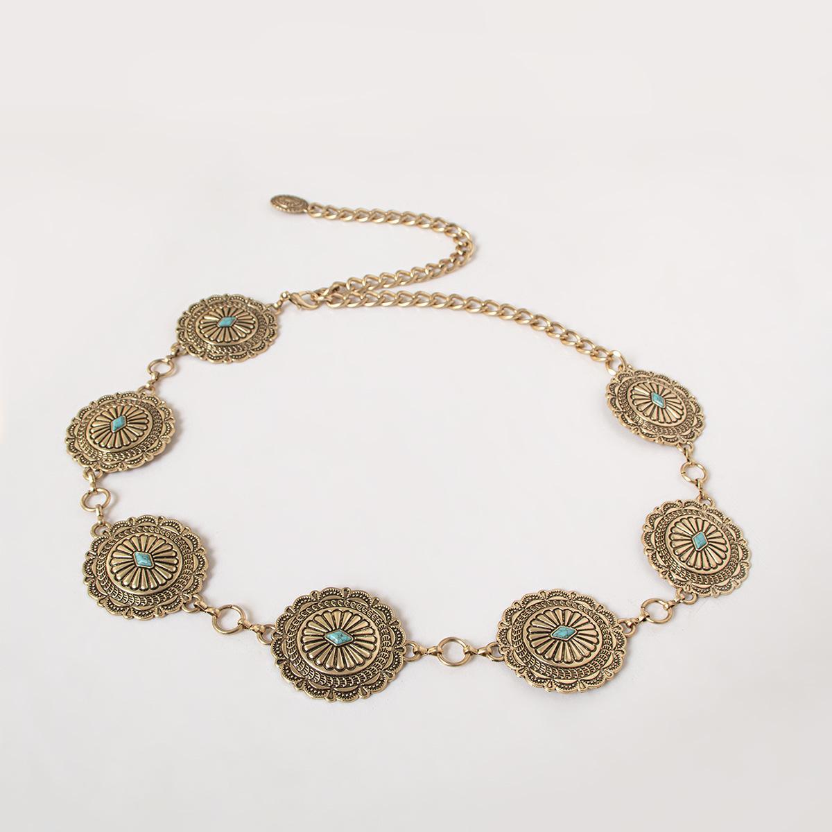 

Женская цепочка на талию в западном стиле с резьбой, тяжелая промышленность, бирюзовый, круглый, изысканный, тяжелый металл, модный