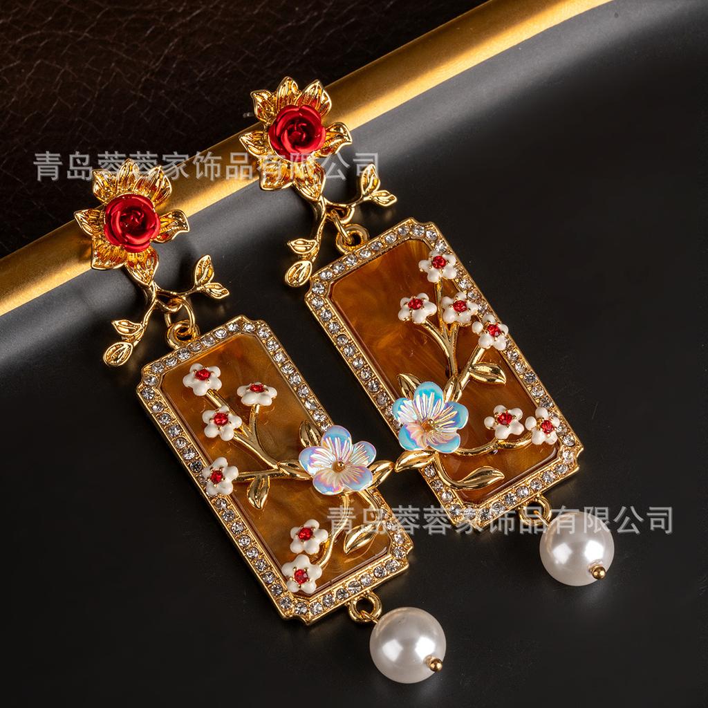 Middle Ancient New Chinese Style Palace Relief Flower Square Brand Earrings Long Temperament Heavy Industry Enamel Available Purchase