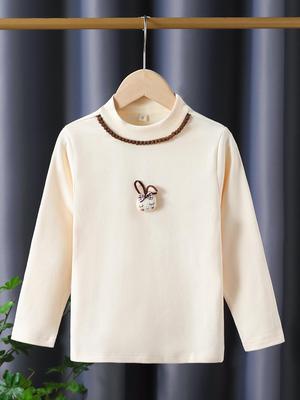 Girls' Cotton Long-Sleeve T-Shirt: Stylish Half-High Collar, Casual Warm Base Layer for Spring & Autumn (Size 6)