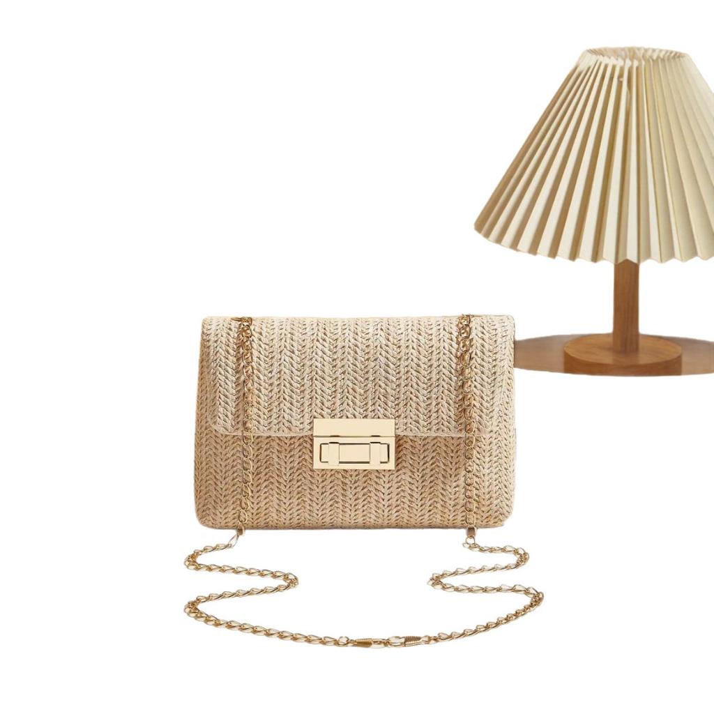 Sweet Style, Straw Weaving, Chains, Single-shoulder Bags, Crossbody Bags, Summer, Double-lock, Ladies, Handbag Bags