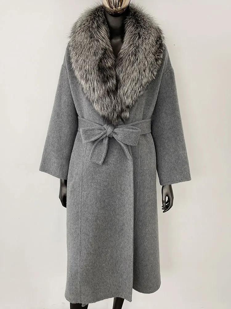 OFTBUY Kabát z pravé kožešiny 2024 Nadměrný dámský svrchní oděv Zimní dámská bunda s límcem z přírodní liščí kožešiny Kapuce Kašmírová vlněná směs Kabát