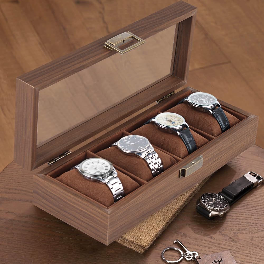 Baskiss Luxury Wooden Watch Holds 4 Large Fits Large Perfect for Watch Watch or Watch Display Case, Watches, Compartments, Dials, Collections, Box,