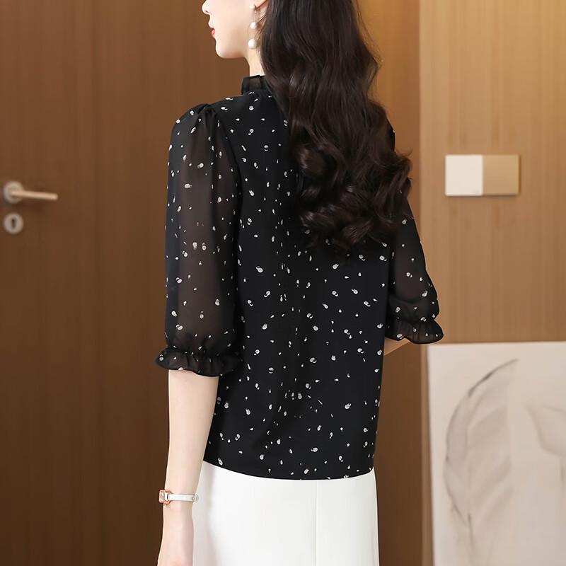 La Chapelle Women's Black Floral Half-Sleeve Shirt