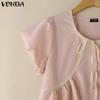 VONDA Summer Women Short Sleeve Bow Knot Lace Hem Casual Cute Tops Cropped Blouse