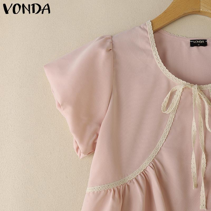 VONDA Summer Women Short Sleeve Bow Knot Lace Hem Casual Cute Tops Cropped Blouse