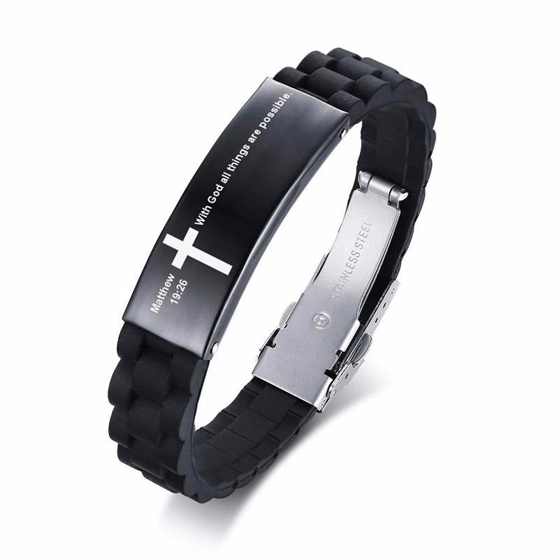 Vnox Religious Cross Jesus Scripture Quote Christian Bible Verse Inspiring Faith Silicone Bracelets for Men Personalize
